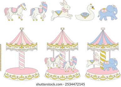 Vintage Carousel Vector Set: Pastel Merry-Go-Round with Animal Characters