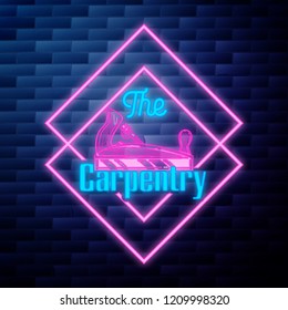 Vintage Carpenter emblem glowing neon sign on brick wall background