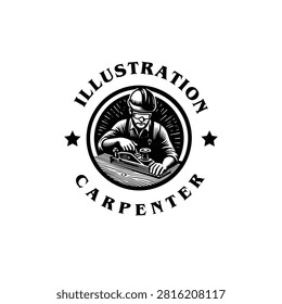 Vintage Carpenter Logo with Woodworker Using Hand Plane Engraving Style Vector Illustration