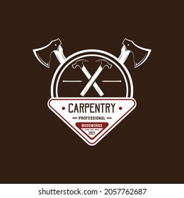 Vintage Carpentry and Mechanic Logo. With ax, hummer, nails, and wood icon. Retro, premium, and luxury logo design vector