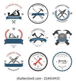 Vintage carpentry tools, labels and design elements. Vector illustration