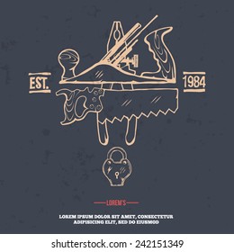 Vintage carpentry tools, labels and design elements vector illustration. grunge on separate layer