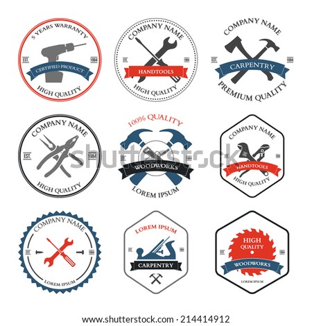 Vintage carpentry tools, labels and design elements. Vector