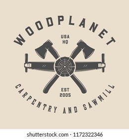 Vintage carpentry, woodwork and mechanic label, badge, emblem and logo. Vector illustration. Monochrome Graphic Art.
