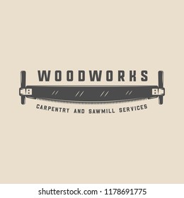 Vintage carpentry, woodwork and mechanic label, badge, emblem and logo. Vector illustration. Monochrome Graphic Art.
