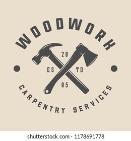Vintage carpentry, woodwork and mechanic label, badge, emblem and logo. Vector illustration. Monochrome Graphic Art.
