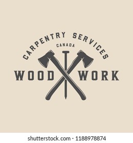 Vintage carpentry, woodwork and mechanic label, badge, emblem and logo. Vector illustration. Monochrome Graphic Art.
