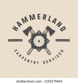 Vintage carpentry, woodwork and mechanic label, badge, emblem and logo. Vector illustration. Monochrome Graphic Art.
