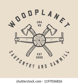 Vintage carpentry, woodwork and mechanic label, badge, emblem and logo. Vector illustration. Monochrome Graphic Art.
