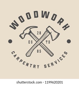 Vintage carpentry, woodwork and mechanic label, badge, emblem and logo. Vector illustration. Monochrome Graphic Art.
