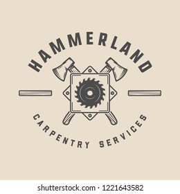 Vintage carpentry, woodwork and mechanic label, badge, emblem and logo. Vector illustration. Monochrome Graphic Art.
