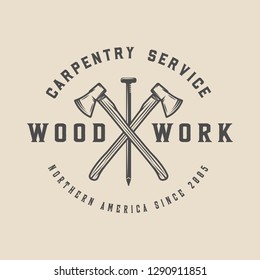 Vintage carpentry, woodwork and mechanic label, badge, emblem and logo. Vector illustration. Monochrome Graphic Art. - Vector
