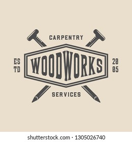 Vintage carpentry, woodwork and mechanic label, badge, emblem and logo.Vector illustration. Monochrome Graphic Art.
