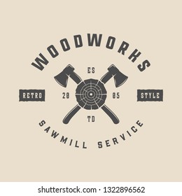 Vintage carpentry, woodwork and mechanic label, badge, emblem and logo. Vector illustration. Monochrome Graphic Art. 

