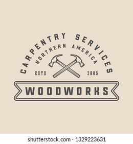 Vintage carpentry, woodwork and mechanic label, badge, emblem and logo. Vector illustration. Monochrome Graphic Art. 
