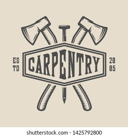 Vintage carpentry, woodwork and mechanic label, badge, emblem and logo. Vector illustration. Monochrome Graphic Art
