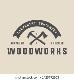 Vintage carpentry, woodwork and mechanic label, badge, emblem and logo. Vector illustration. Monochrome Graphic Art
