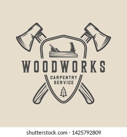 Vintage carpentry, woodwork and mechanic label, badge, emblem and logo. Vector illustration. Monochrome Graphic Art
