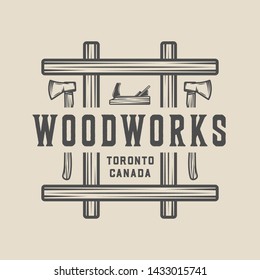 Vintage carpentry, woodwork and mechanic label, badge, emblem and logo. Vector illustration. Monochrome Graphic Art 
