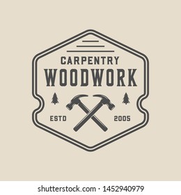 Vintage carpentry, woodwork and mechanic label, badge, emblem and logo. Vector illustration. Monochrome Graphic Art.
