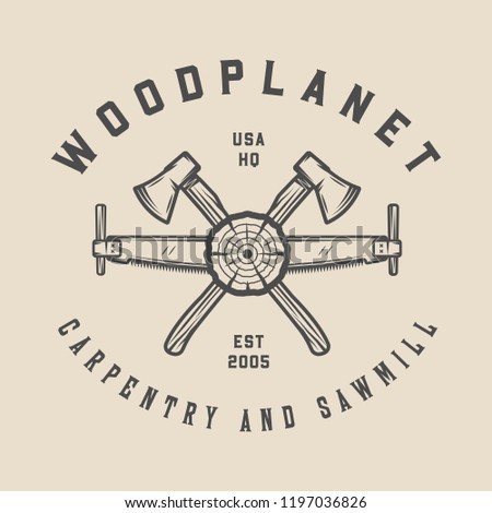 Vintage carpentry, woodwork and mechanic label, badge, emblem and logo. Vector illustration. Monochrome Graphic Art.
