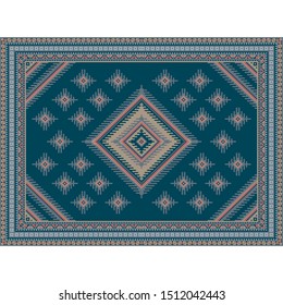 Vintage carpet in blue tones with a dirty yellow and pink diamond-shaped frame in the center with patterns of bluish, pink, blue and dirty yellow colors

