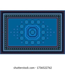 Vintage carpet in blue tones with ethnic patterns of dark blue, red, beige and black colors in the center and sides on a white background





