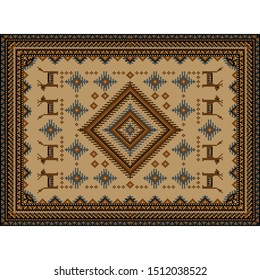 Vintage  carpet in brown shades with a diamond-shaped in the center with patterns of horses and crosses on a matte yellow

