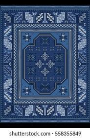 Vintage carpet with ethnic ornament in blue and bluish shades

