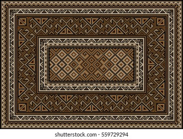 Vintage carpet with ethnic ornament in brown and beige shades.

