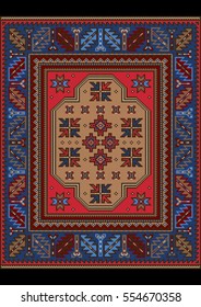 Vintage carpet with  ethnic  ornament in red and blue colors

