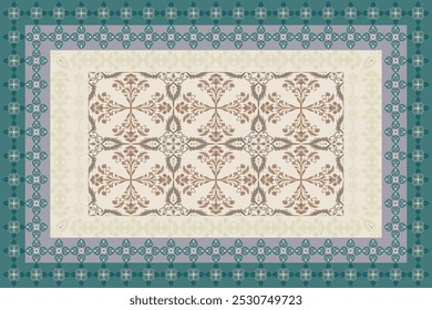 Vintage carpet with intricate floral damask pattern in shades of blue, green and brown. Perfect for home decor, flooring, interior design and textiles.