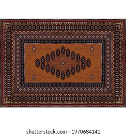 Vintage carpet with motley ornaments in brown and burgundy tones with blue, beige and pink patterns around the edges and center on a white background
