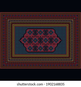 Vintage carpet with oriental ornaments in red and blue tones with gray,burgundy, beige and brown patterns on a black background