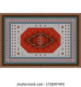 Vintage carpet with patterns in gray, beige, brown and curved details in the center on a red and maroon background.