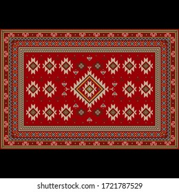 Vintage carpet in red tones with ethnic ornaments of beige, brown and blue colour in the center and on the sides on  black background


