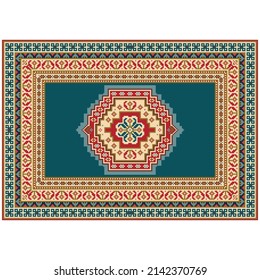 Vintage carpet in shades of blue with red, pink, bluish and beige patterns along the edges and an original pattern on a blue field in the center on a white background