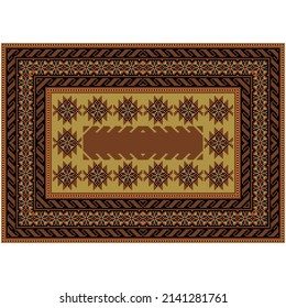 Vintage carpet in shades of brown with yellow and red, blue and black patterns around the edges and a pattern on a beige field in the center on a white background