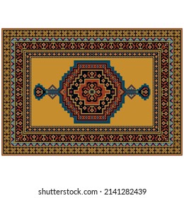 Vintage carpet in yellow tones with black, beige, pink, blue and brown patterns along the edges and an original pattern on a yellow field in the center on a white background