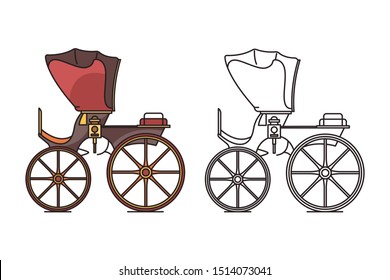 Vintage carriage or classic chariot for royal child. Retro buggy or calash vehicle, opened caleche wagon for horse. Isolated cartoon fairytale transport for royal baby