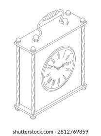 Vintage carriage clock - hand drawn isometric black and white vector illustration.
