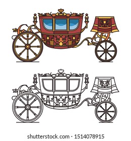 Vintage carriage contour or chariot outline. Fairytale waggon for king or queen, romantic vehicle for wedding, retro stagecoach or clarence, victorian wagon icon. Cartoon vehicle for princess.