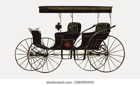 Vintage carriage illustration with intricate details. Classic carriage design, showcasing wheels and seats. Antique carriage art, perfect for historical themes. Vintage art illustration, vector.