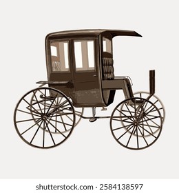 Vintage carriage illustration with large wheels and enclosed cabin. Classic carriage design with intricate wheel details. Antique carriage style in brown tones. Vintage art illustration, vector.