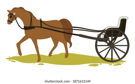 Vintage carriage and transportation in old city or town. Isolated horse with harness and carriage for several persons. Traditional mean of transport, retro vehicle or chariot. Vector in flat style