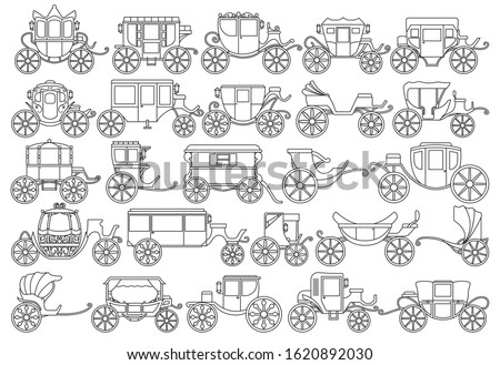 Vintage carriage vector Outline, line set icon. Vector illustration set cart for princess. Isolated Outline, line icon transport of vintage carriage on white background .