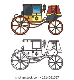 Vintage carriage or wedding waggon, royal chariot or isolated icon of cart. Closed marriage calash or phaeton. Princess or queen, fairytale medieval victorian vehicle. Cab outline. Romantic transport