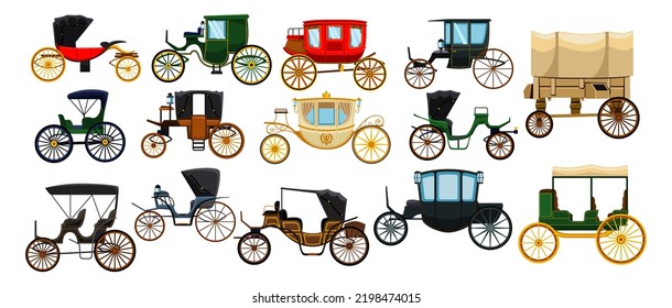 Vintage carriages for royals vector illustrations set. Cartoon drawings of retro carts for princess, king or Cinderella without horses on white background. Antique, transportation, history concept