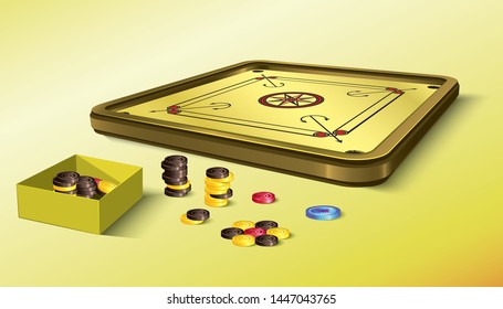 Vintage carrom board, coins and the coins inside the box in vector illustration