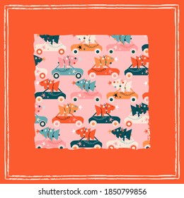 Vintage cars and Christmas trees greeting card design. Red card, invitation. Winter holiday greeting. Trendy vintage hand-drawn poster for print. Minimalistic vector greeting card without text.